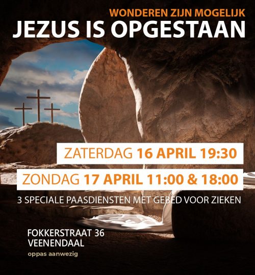 Banner Paasdiensten 2022, vier Pasen, kerk in Veenendaal Evangeliegemeente De Deur